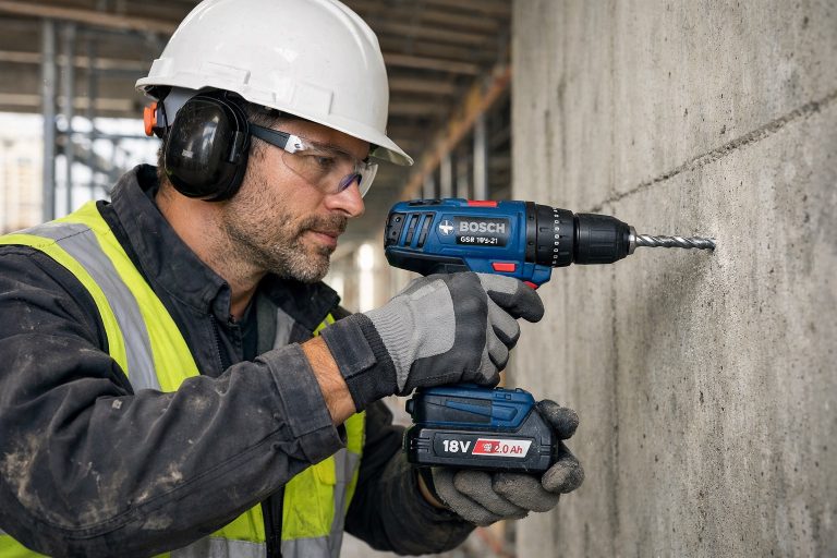 mies poraa seinää akkuporakoneella