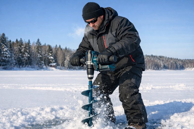 mies kairaa jäätä akkuporakoneella
