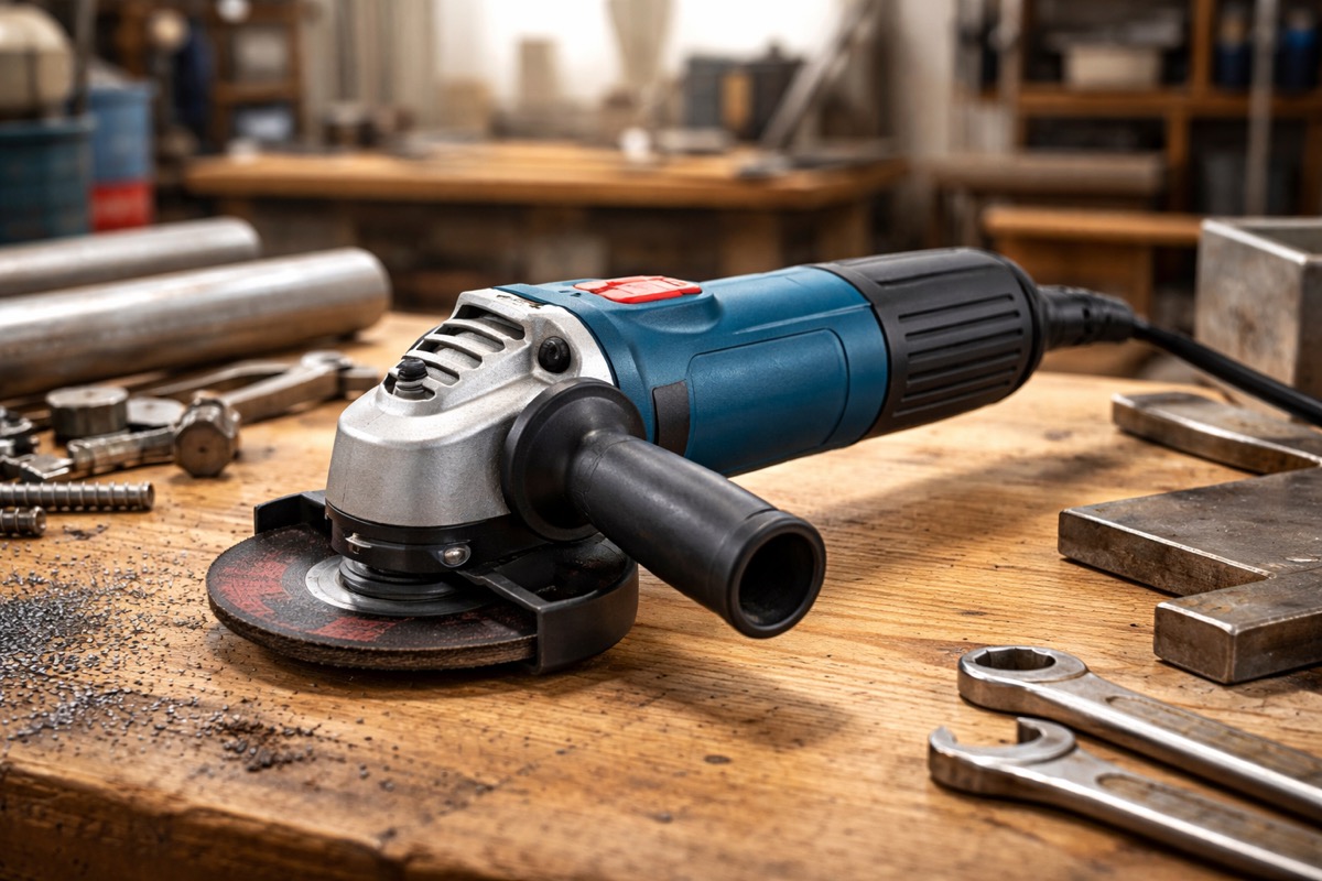 Työmies käyttää parasta pientä kulmahiomakonetta metallin hiontaan rakennustyömaalla kirkkaassa valossa