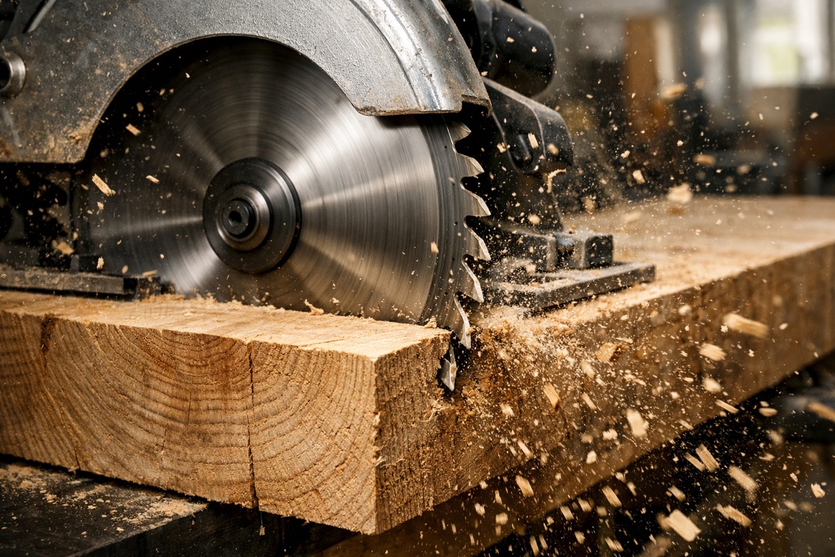 Työmies käyttää tehokkaasti paras pyörösaha sahatessaan puuta rakennustyömaalla kirkkaassa päivänvalossa