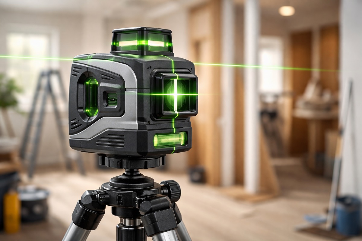 Työmies käyttää paras tasolaser mittaamaan tarkasti rakennustyömaalla seinän suoruuden.