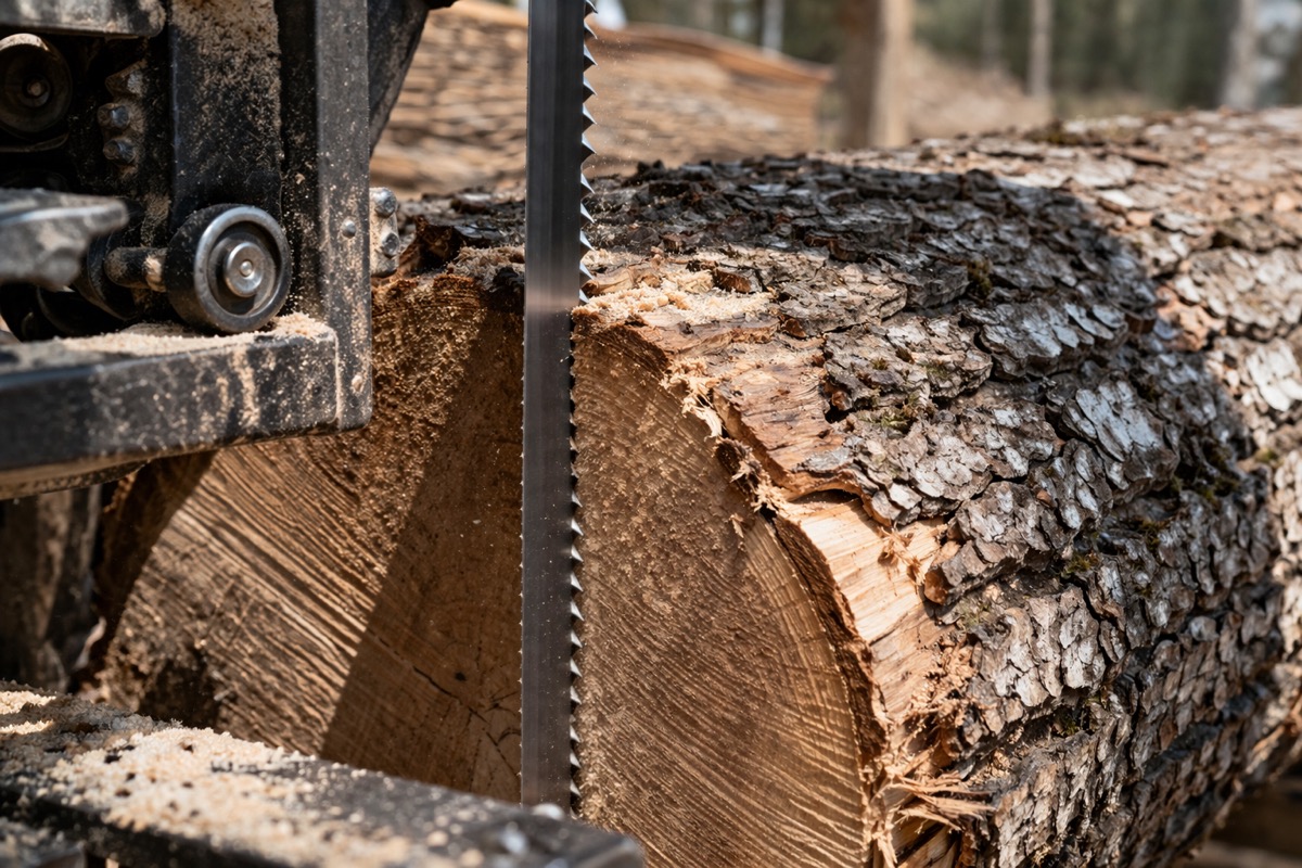 Tehokas puun sahaus käynnissä työmaalla paras tukkivannesaha käytössä tarkasti ja turvallisesti