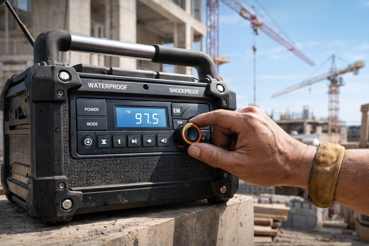 Työmaalla käytettävä kestävä ja selkeästi näkyvä paras työmaaradio pöydällä rakennustyökalujen ympäröimänä