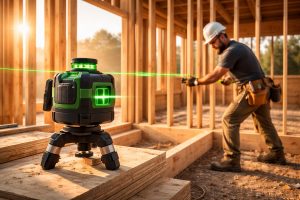 Tyylikäs työpöytä, jossa näkyy paras tasolaser ja mittausvälineet tarkassa käytössä