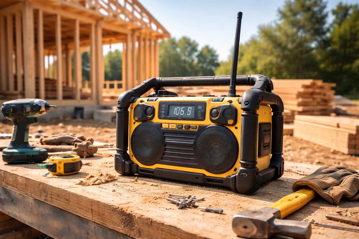 Moderni rakennustyömaa, jossa näkyy paras työmaaradio työmiesten käytössä ulkona aurinkoisena päivänä