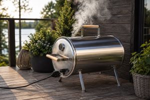 Moderni ja tyylikäs paras sähkösavustin keittiön tasolla savustamassa ruokaa